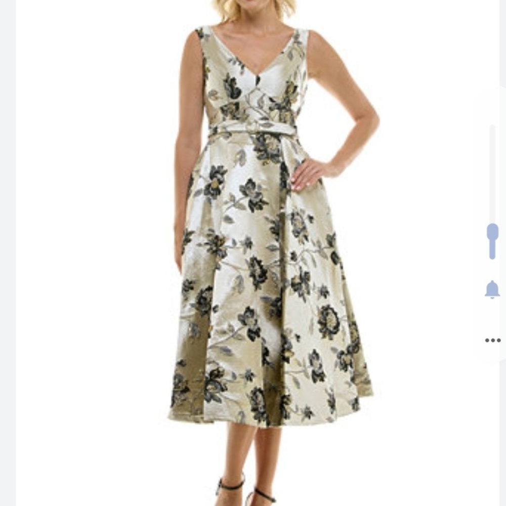 Taylor Ivory and Black Floral Midi Dress with Gold Accents